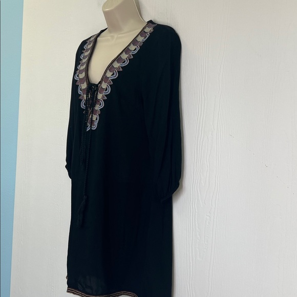 Earthbound - Black Colorful Embroidered V Neck Lace Up Long Sleeve Blouse Size L - Picture 7 of 12